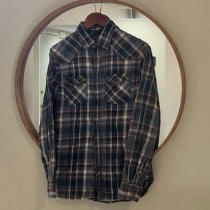 Men’s Long Sleeve Casual Shirt, Blue and Orange Checkered